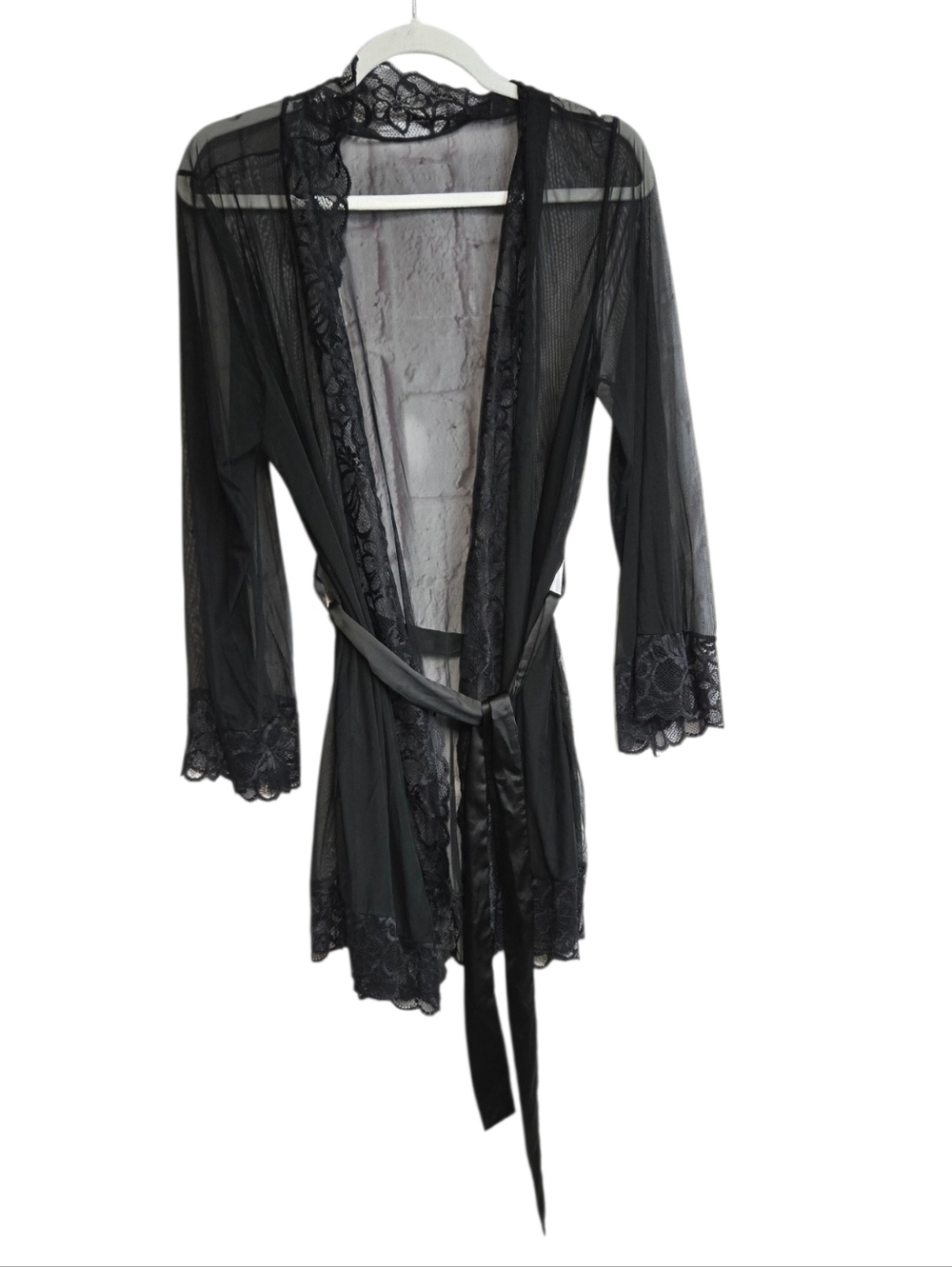 Frederick’s Sheer Lace Robe 2X Black Belted Intimate Open Front Sultry Lingerie - Picture 2 of 7